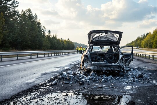 A heavily damaged car is burned out on the side of a highway, surrounded by debris. Emergency responders are seen further down the road. Concept of accidents. Ai generative