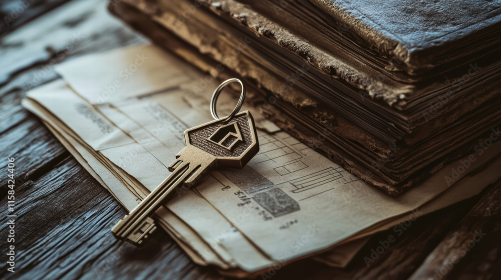 Poster key with house shaped keychain rests on stack of old blueprints, evoking sense of nostalgia and prom
