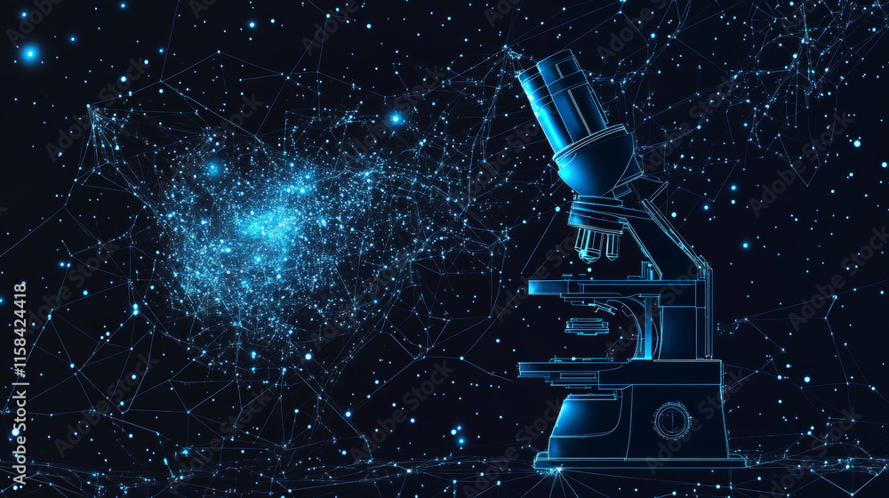Poster abstract image of a microscope in the form of a starry sky or space, consisting of points, lines, an