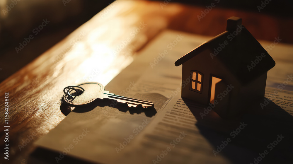 Poster key and house shaped keychain on table symbolize home ownership and security. this evokes feelings o