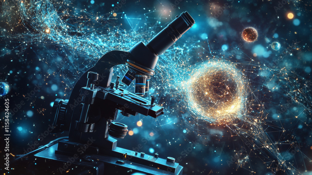 Poster abstract image of a microscope in the form of a starry sky or space, consisting of points, lines, an
