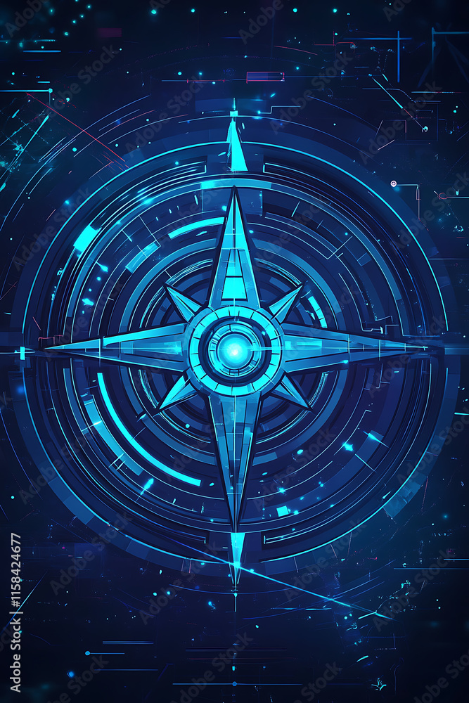 Aufkleber a blue digital compass design with intricate patterns and glowing elements.