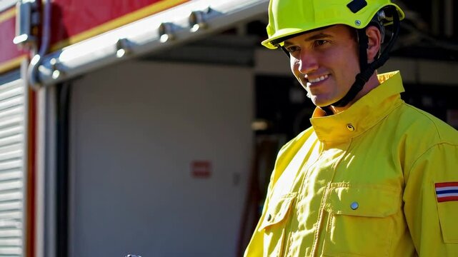 Firefighter Preparing for Action in Professional Scene Footage