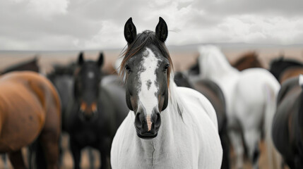 Obraz premium Black and White Horse Distinct in Herd