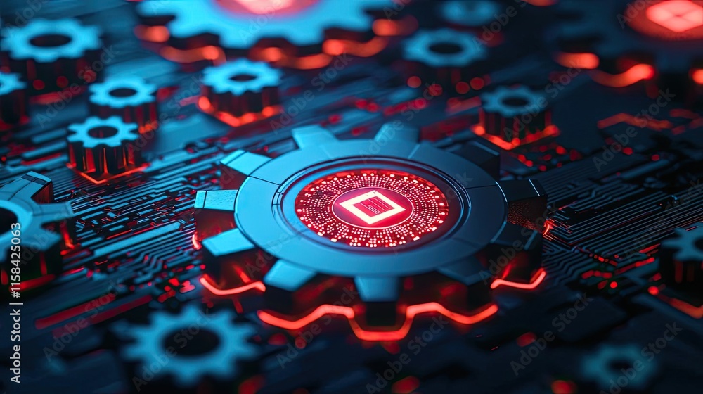 Poster gear mechanism concept. abstract close-up of a circuit board with glowing gears and futuristic desig