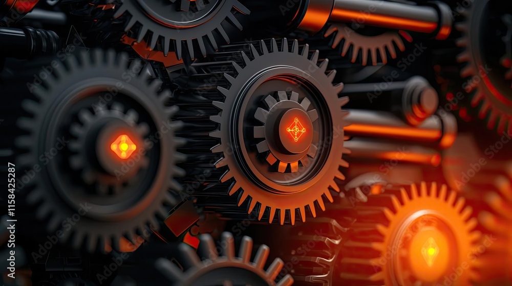 Poster gear mechanism concept. close-up of intricate gears with glowing elements, showcasing mechanical pre