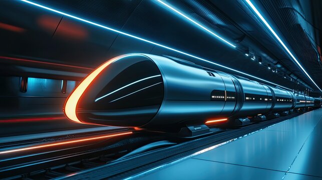 A hyperloop station with sleek minimalist design and vibrant lights. Technology innovation