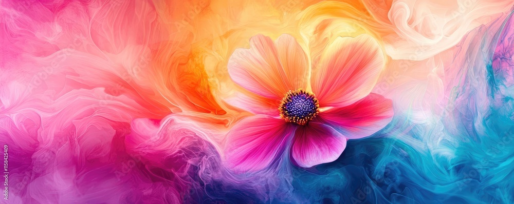 Poster cosmos floral abstract background concept. a vibrant flower surrounded by colorful smoke creating a 