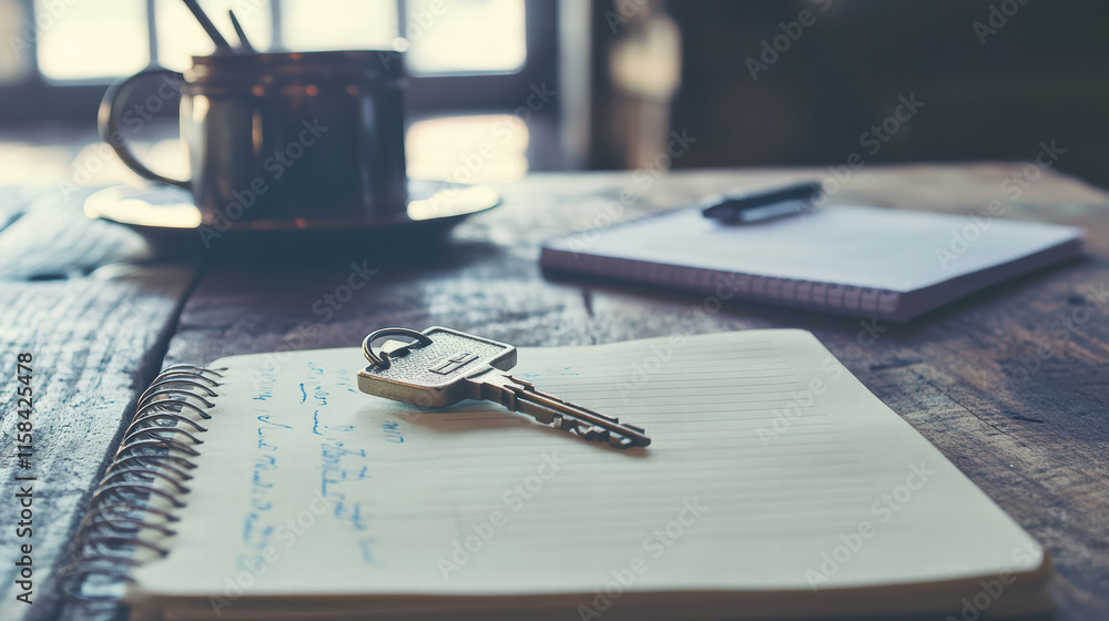 Poster key and house shaped keychain on notepad with cup of coffee, creating cozy workspace atmosphere. sce