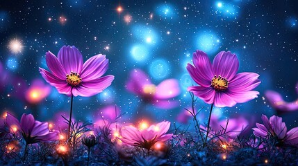 Cosmos floral abstract background concept. Beautiful pink flowers glowing in a magical night scene with vibrant colors.