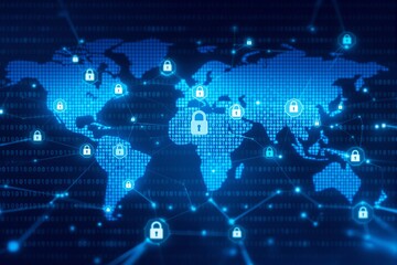 Digital world map with glowing blue locks, binary code background, and connected lines, representing global cybersecurity and data protection. Ai generative