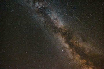 Starry night background photo. The Milky Way with a meteor
