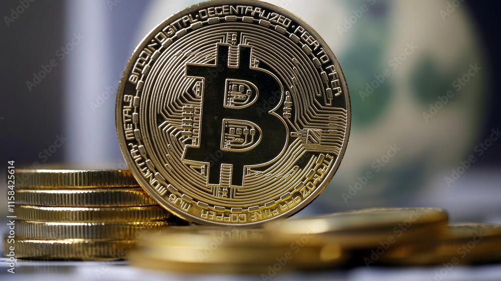 Aufkleber abstract bitcoin cryptocurrency consists of the bitcoin symbol on the world, the concept of the use 