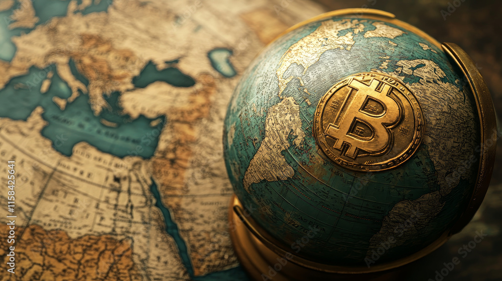 Aufkleber abstract bitcoin cryptocurrency consists of the bitcoin symbol on the world, the concept of the use 