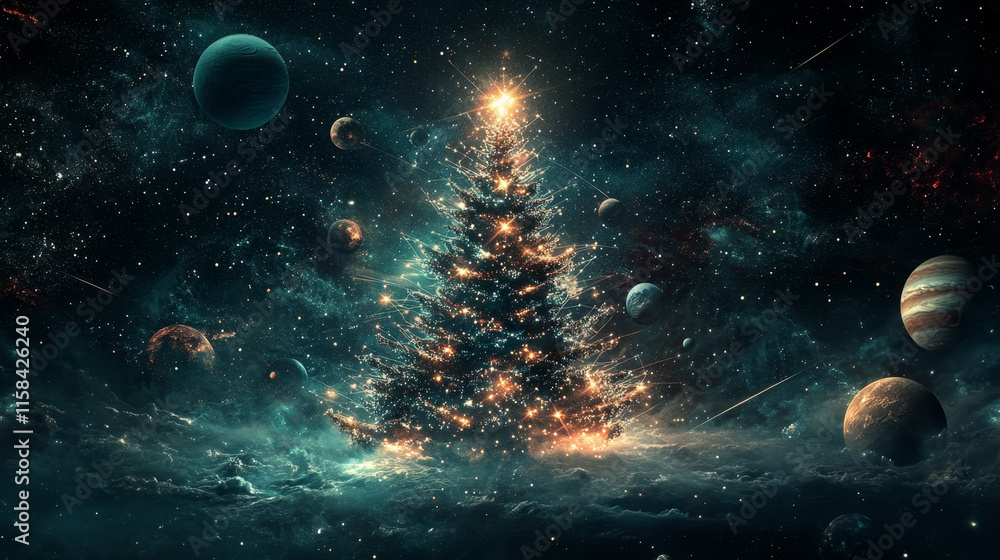 Poster abstract image of a christmas tree in the form of a starry sky or space, consisting of points, lines