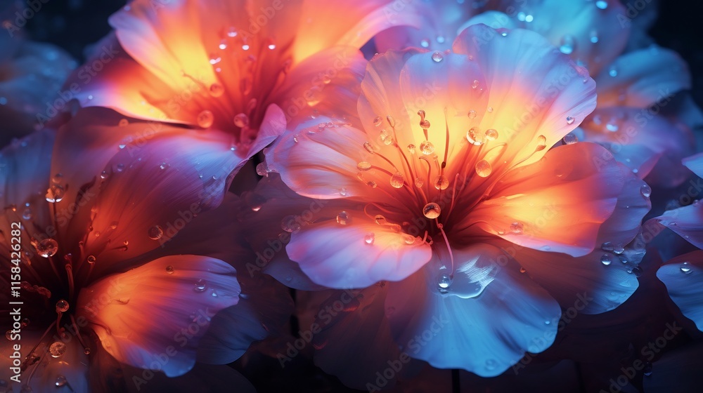 Poster captivating close up of rain soaked multicolored flower petals glowing and shimmering under soft dif