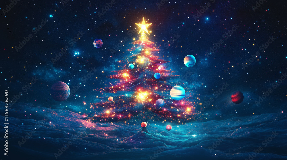 Poster abstract image of a christmas tree in the form of a starry sky or space, consisting of points, lines