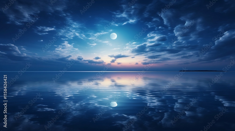 Poster a giant luminous full moon hovers just above a calm mirror like ocean creating a mesmerizing symmetr