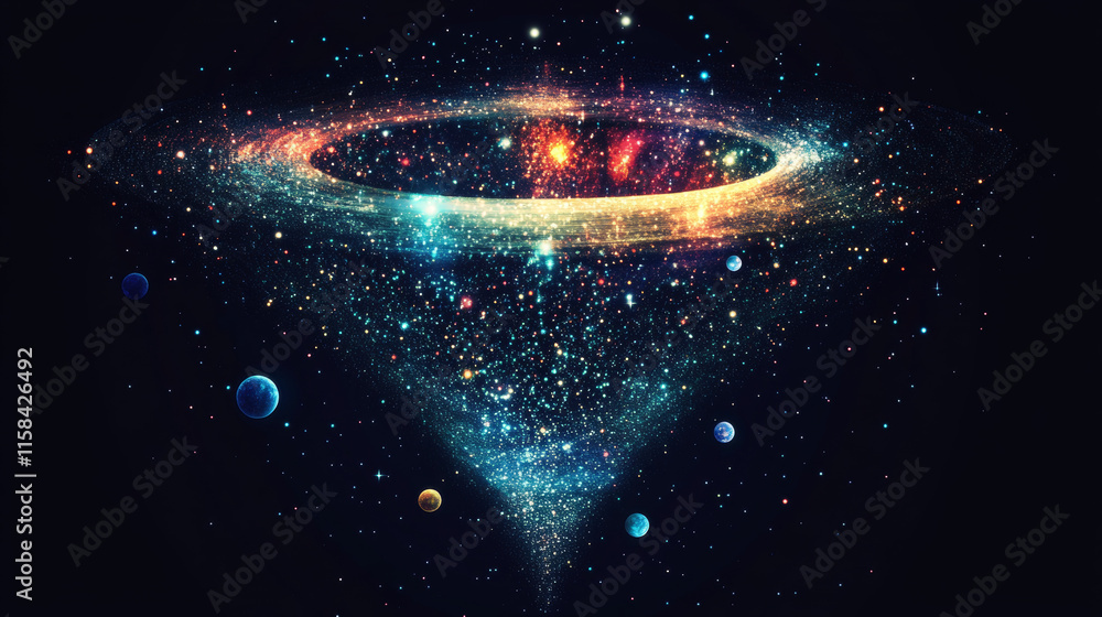 Poster abstract image of a funnel in the form of a starry sky or space, consisting of points, lines, and sh
