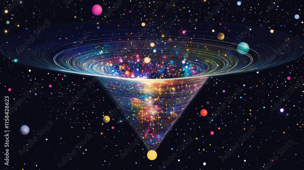 Poster abstract image of a funnel in the form of a starry sky or space, consisting of points, lines, and sh