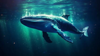 Fototapeta premium A remarkable and captivating underwater image showcasing a massive whale breaching through the glowing bioluminescent waters of the ocean