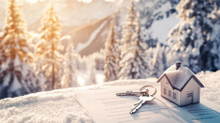 house model and keys on snowy surface symbolize home ownership and winter. serene mountain backdrop enhances feeling of tranquility and warmth associated with new home