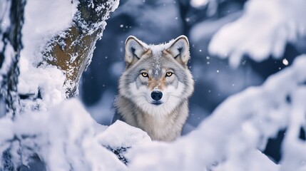 Fototapeta premium Lone wolf in a snowy forest framed by falling snowflakes.