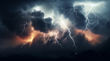 Imposing mountain range with a massive ominous storm cloud looming overhead and dramatic lightning bolts streaking across the sky creating a captivating and natural scene