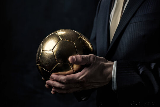 Businessman Proudly Holding Golden Soccer Ball