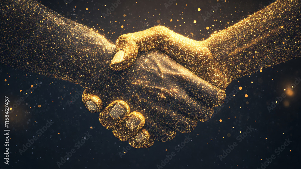 Poster low poly illustration of the business handshake with a golden dust effect. sparkle stardust. glitter