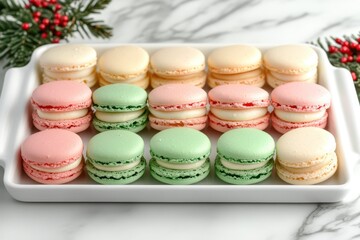 Fototapeta premium A Festive Display of Colorful Macarons Arranged Elegantly on a White Tray Surrounded by Holiday Decorations and Marble Background