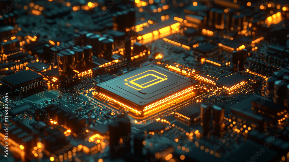 Poster ai computer chip in abstract digital hand. artificial intelligence innovation concept. tech backgrou