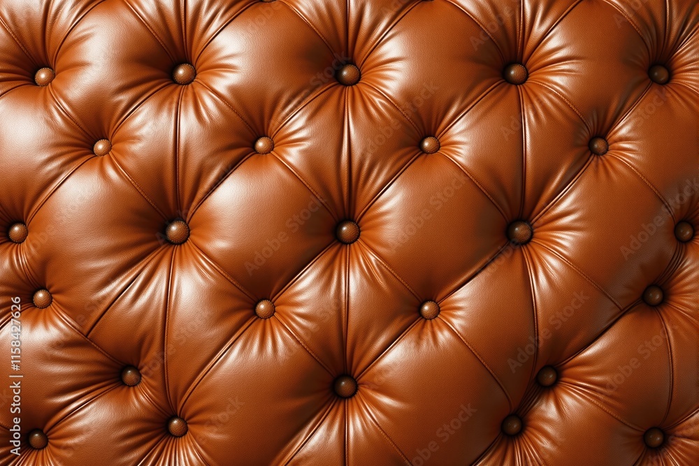Poster close-up of tufted brown leather upholstery with deep folds and buttons, creating a luxurious and cl