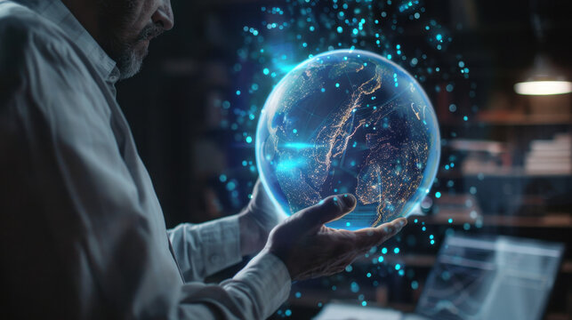 Businessman Engaging with Holographic Globe Interface