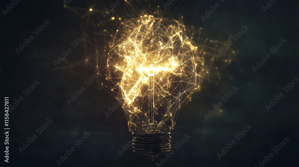 Poster vector incandescent lamp with bright light. low poly wireframe and points. polygonal 3d white bright