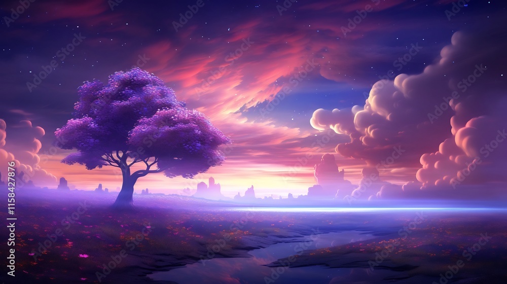 Poster a serene and enchanting dreamlike landscape featuring a field of golden trees under a vibrant violet