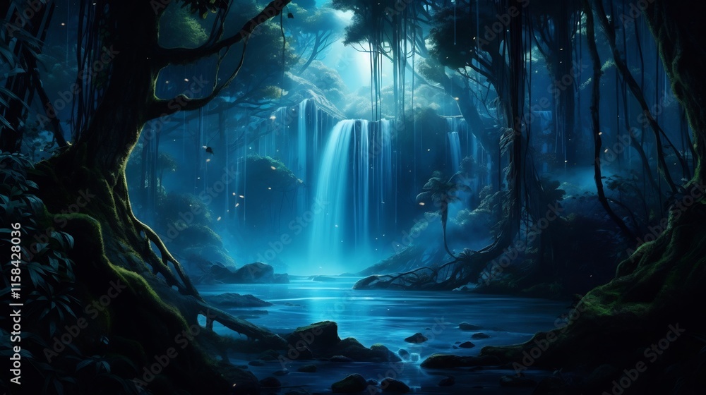Poster mesmerizing waterfall cascading through a lush hidden forest illuminated by a captivating biolumines