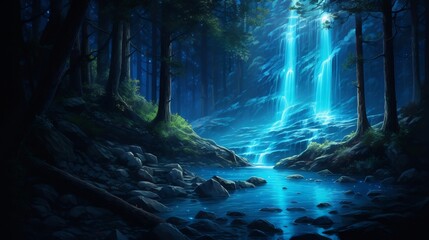 Fototapeta premium Stunning bioluminescent waterfall cascading through a lush verdant hidden forest oasis creating a captivating and mystical natural landscape