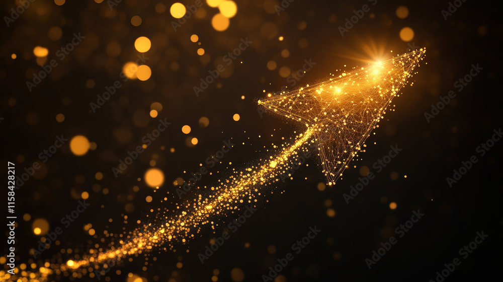 Poster low poly illustration of the arrow up with a golden dust effect. sparkle stardust. glittering vector
