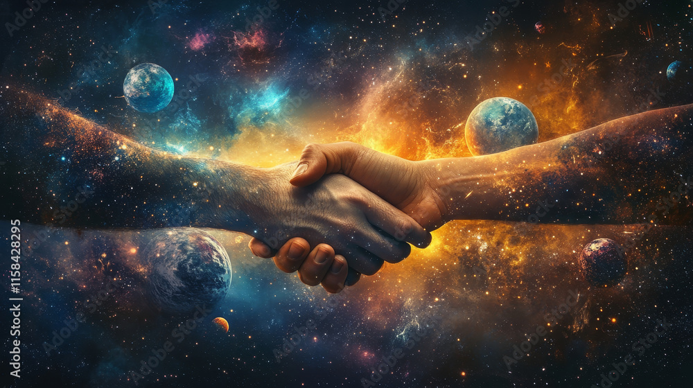 Poster abstract image of business handshake in the form of a starry sky or space, consisting of points, lin