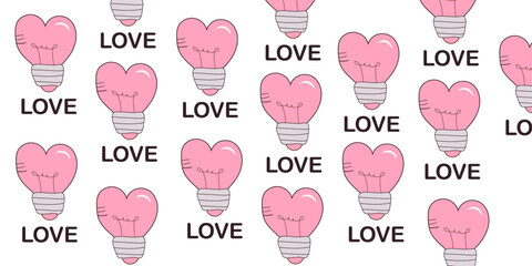 pink hearts bulb love text background seamless pattern