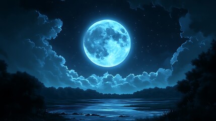 Full blue moon over tranquil lake at night.