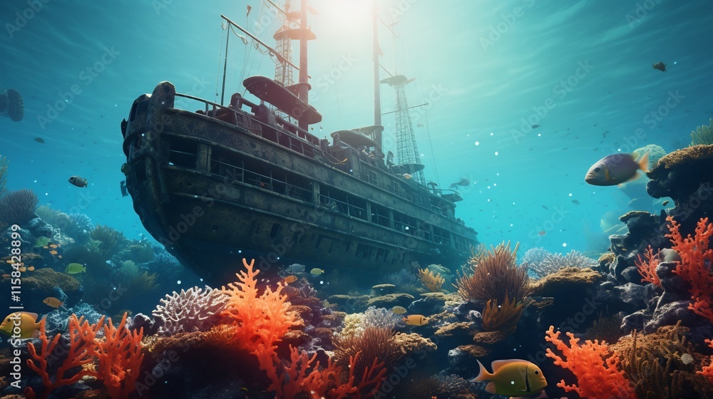 Poster captivating image showcasing a sunken shipwreck surrounded by a thriving coral reef teeming with div