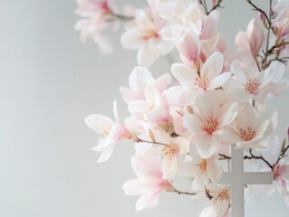 Delicate Pink Blossoms with White Cross Symbolizing Faith and Renewal in Spring