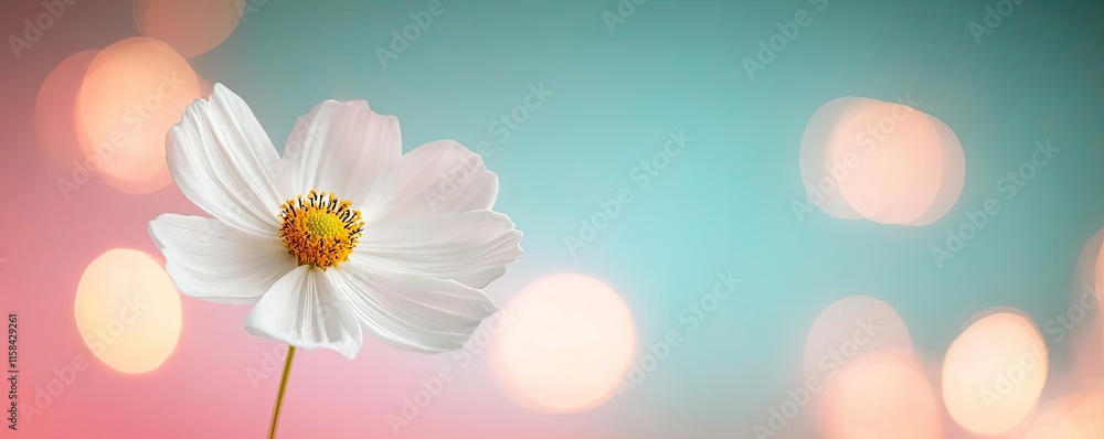 Poster cosmos floral abstract background concept. a delicate white flower with a soft bokeh background in p
