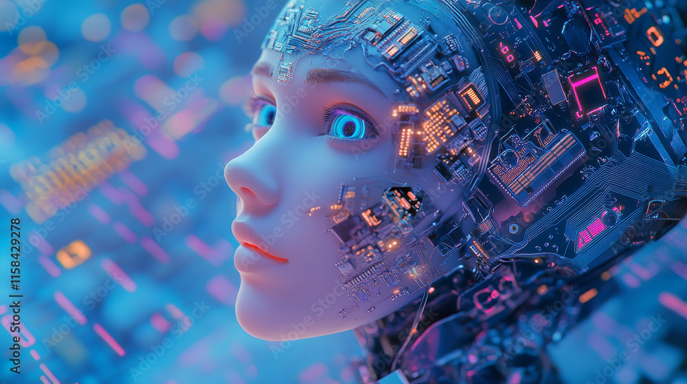 Poster abstract technology artificial intelligence concept big data digital human head in robot and digital