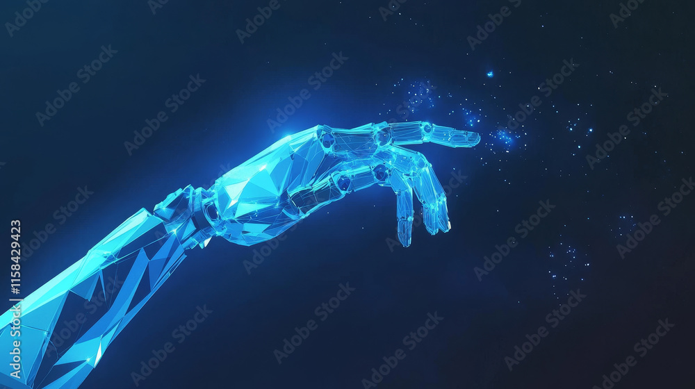 Poster robot arm and hand human. touch technological concept. low poly blue. polygonal abstract health illu