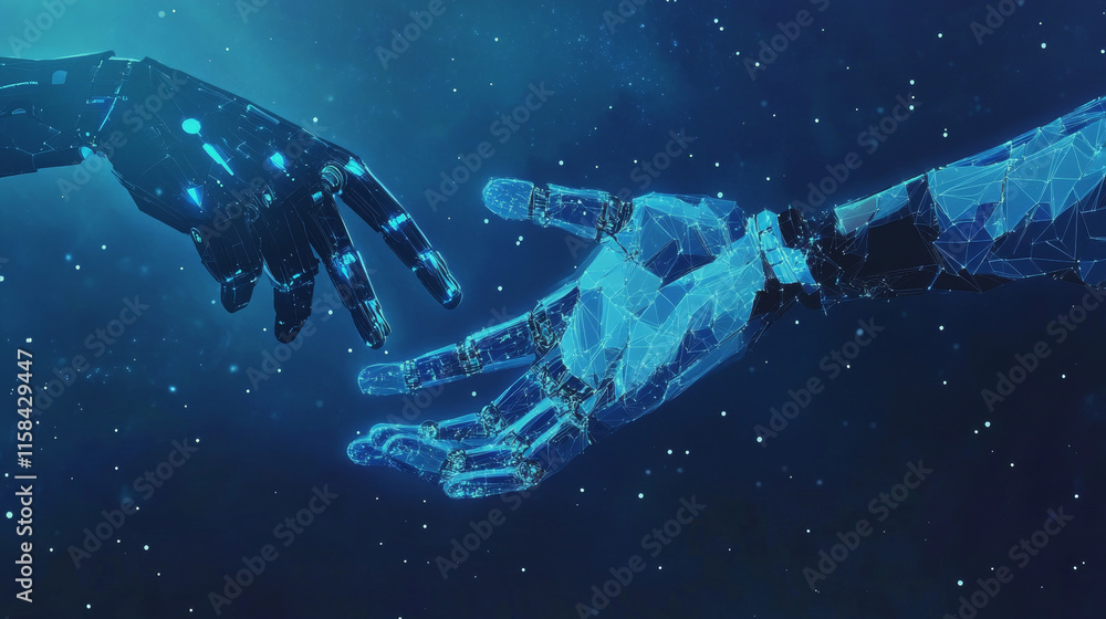 Poster robot arm and hand human. touch technological concept. low poly blue. polygonal abstract health illu