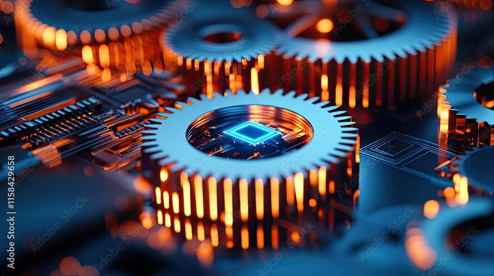 Poster gear mechanism concept. close-up of intricate gears and a microchip with glowing lights, illustratin