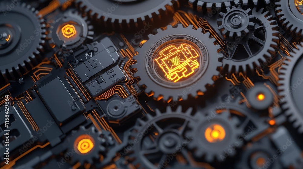 Poster gear mechanism concept. close-up of intricate gears and circuit patterns illuminated by glowing ligh